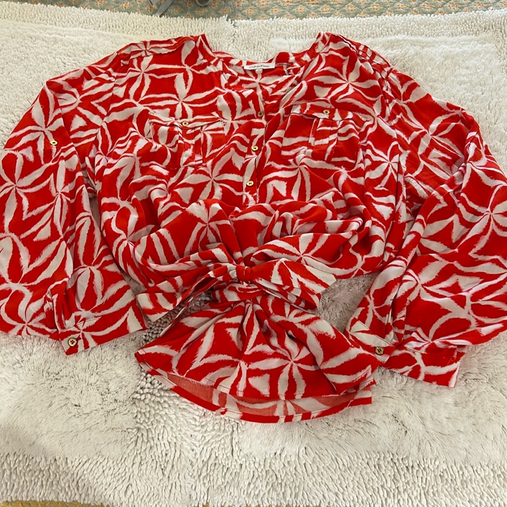 orangish-red & white patterned tunic blouse